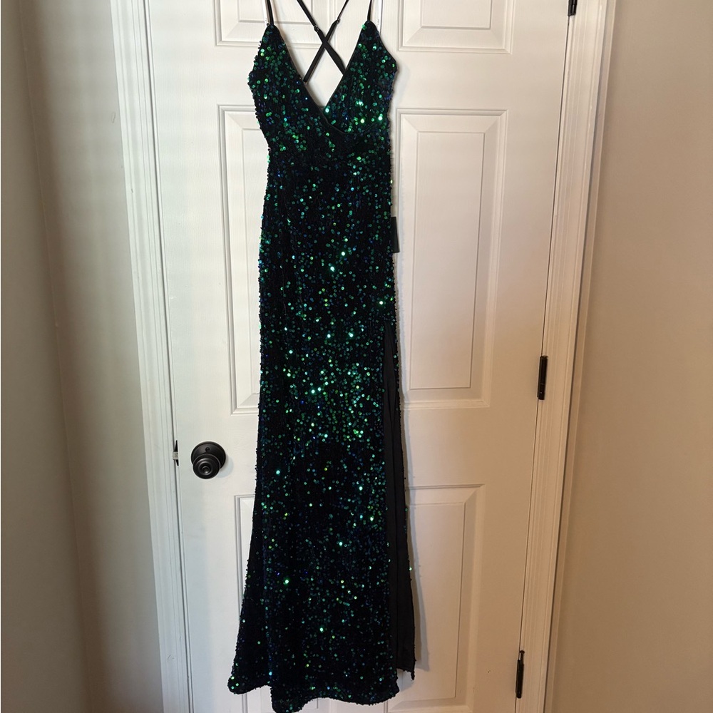Lulu's Keep it Regal Green Iridescent Sequin Velvet Maxi dress - Picture 5 of 7